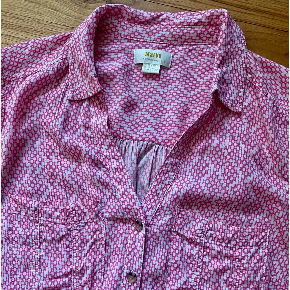 Maeve Anthropologie Sz 16 Pink White Geometric Print Button Down